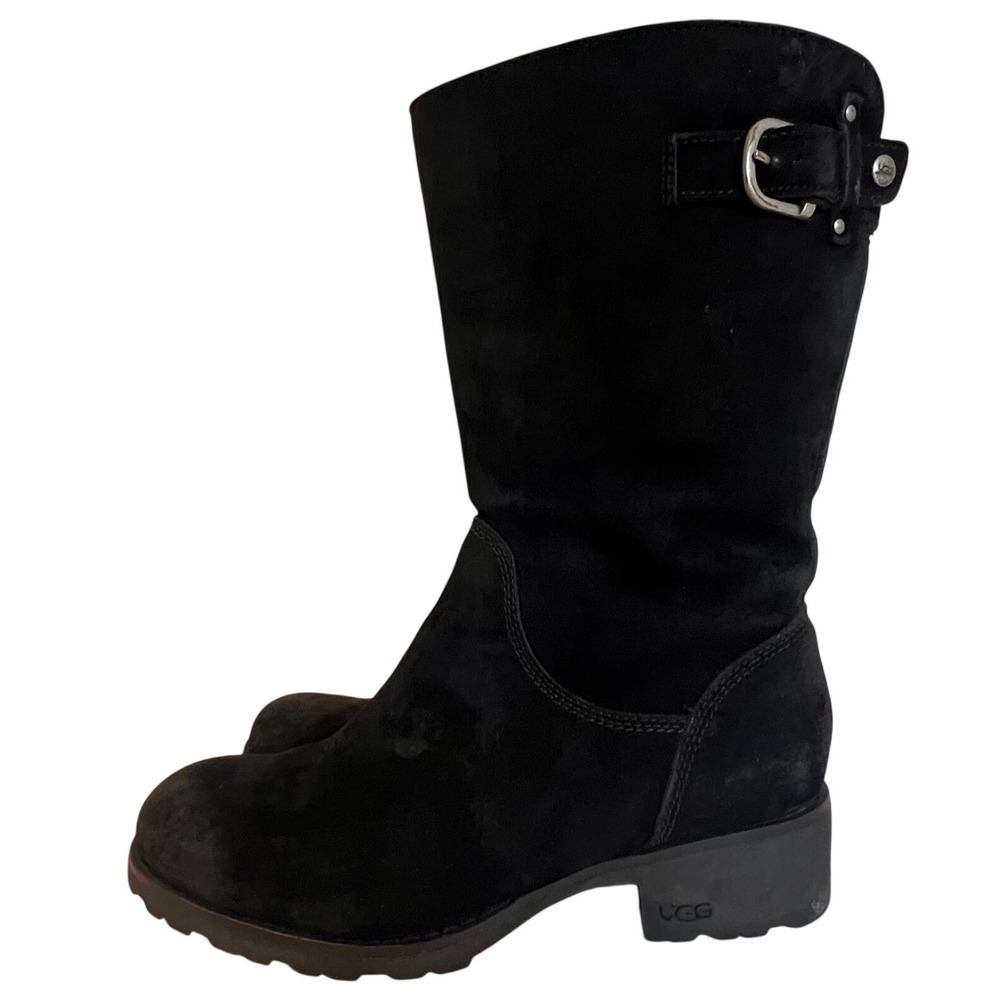 UGG Australia Boots Womens 8 Black Suede Shearling Lined Buckle Moto Lug Sole - Picture 3 of 13
